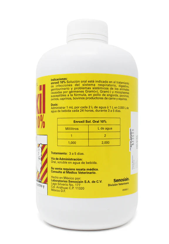 Enroxil 10% Solución Oral Frasco 1L Antimicrobiano de Amplio Espectro y Micoplasmicida