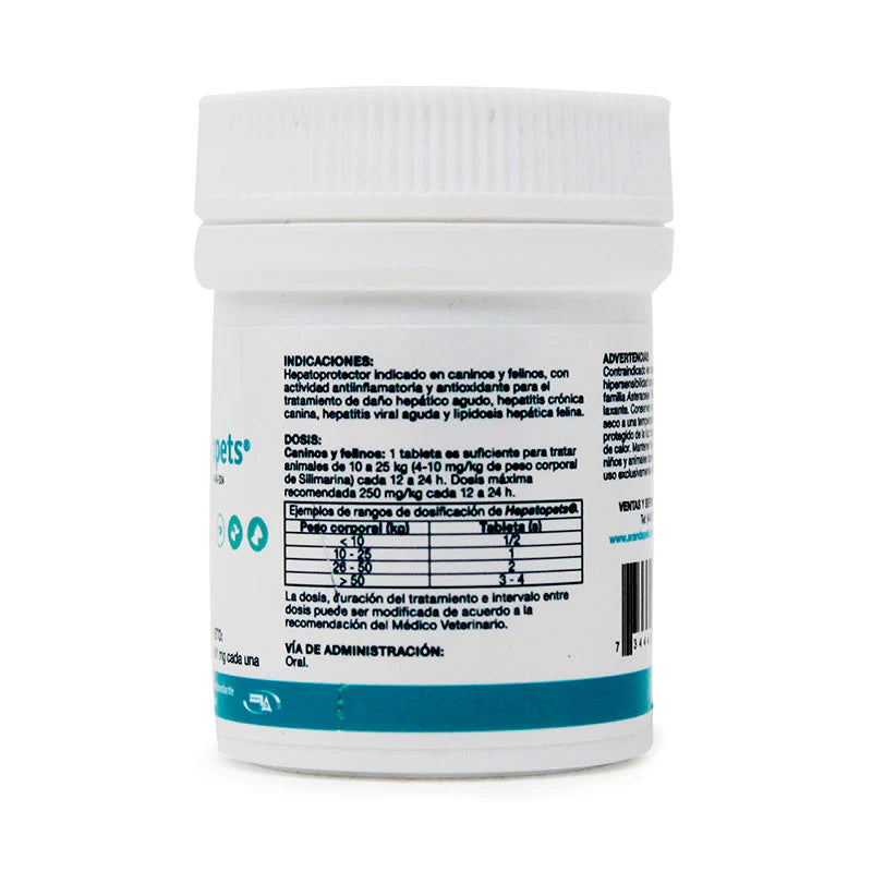 Hepatopets 60 Tabs de 361 mg c/u Hepatoprotector p/ caninos y felinos